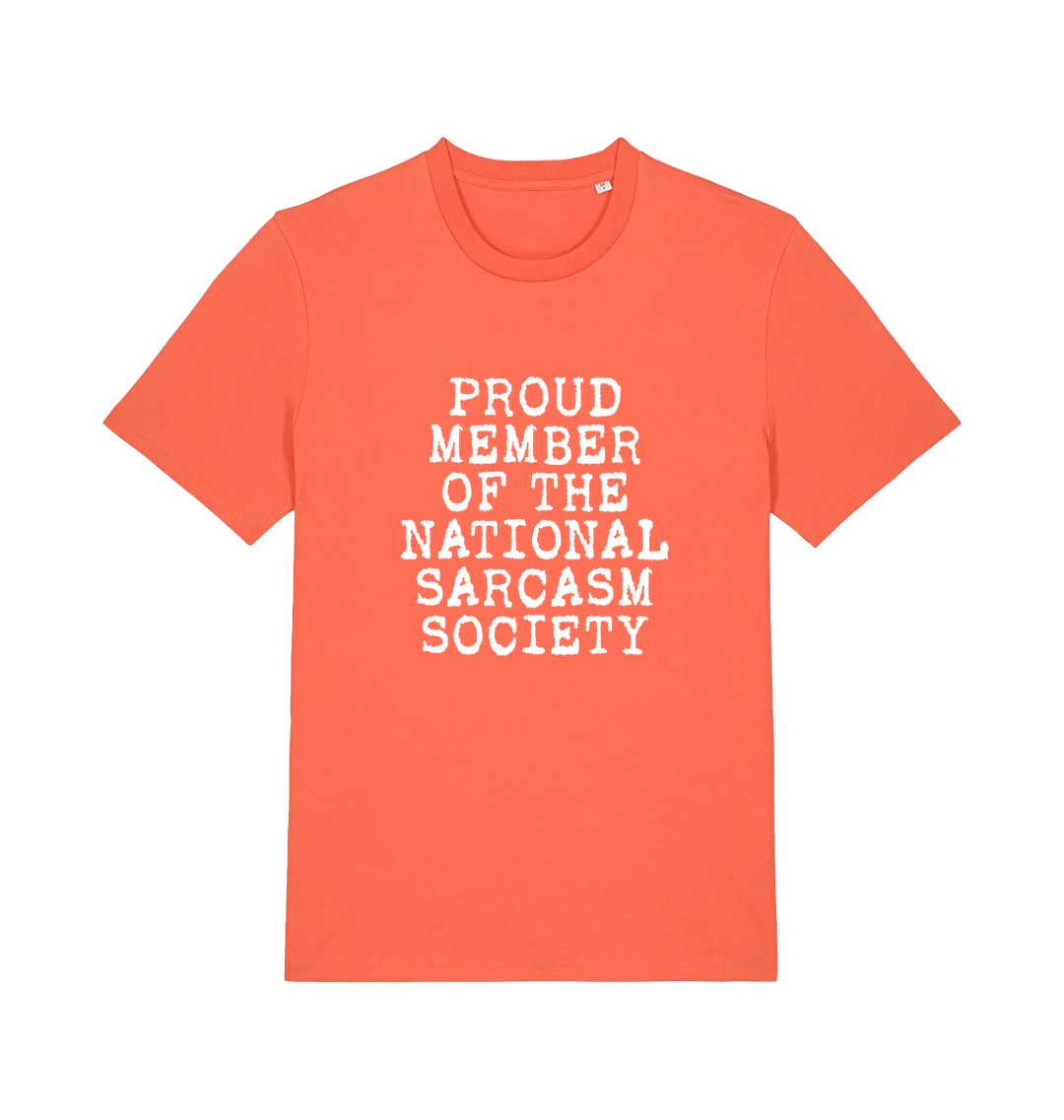 orange sarcastic t-shirt with the slogan 'proud member of the national sarcasm society'