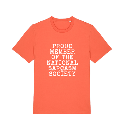 orange sarcastic t-shirt with the slogan 'proud member of the national sarcasm society'