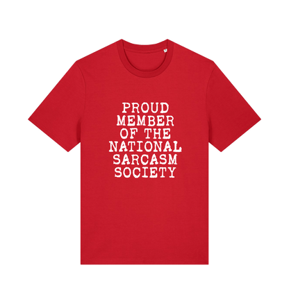 red sarcastic t-shirt with the slogan 'proud member of the national sarcasm society'