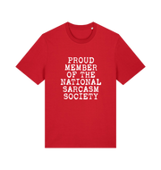 red sarcastic t-shirt with the slogan 'proud member of the national sarcasm society'