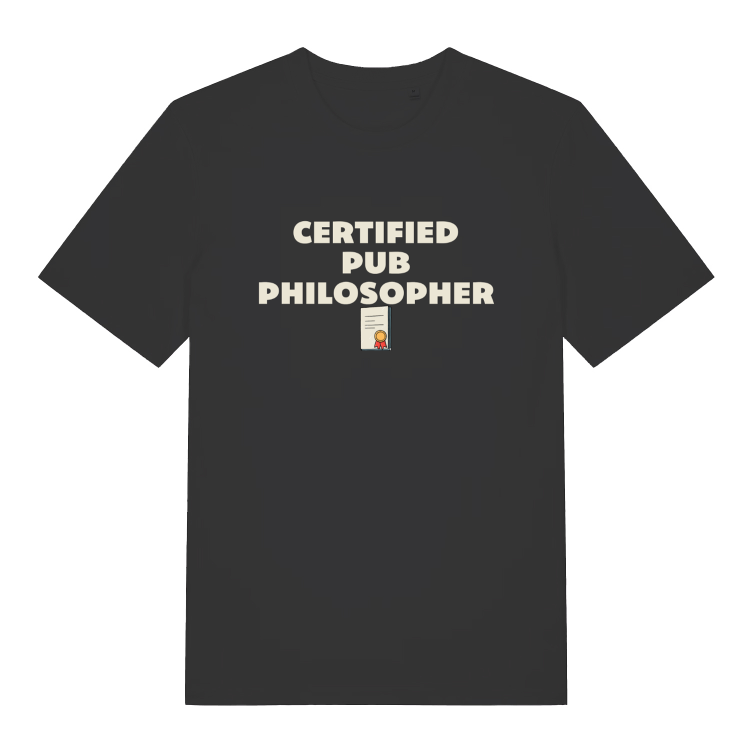 black beer t-shirt with the slogan 'certified pub philosopher'