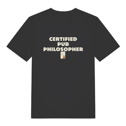 black beer t-shirt with the slogan 'certified pub philosopher'