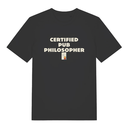 black beer t-shirt with the slogan 'certified pub philosopher'