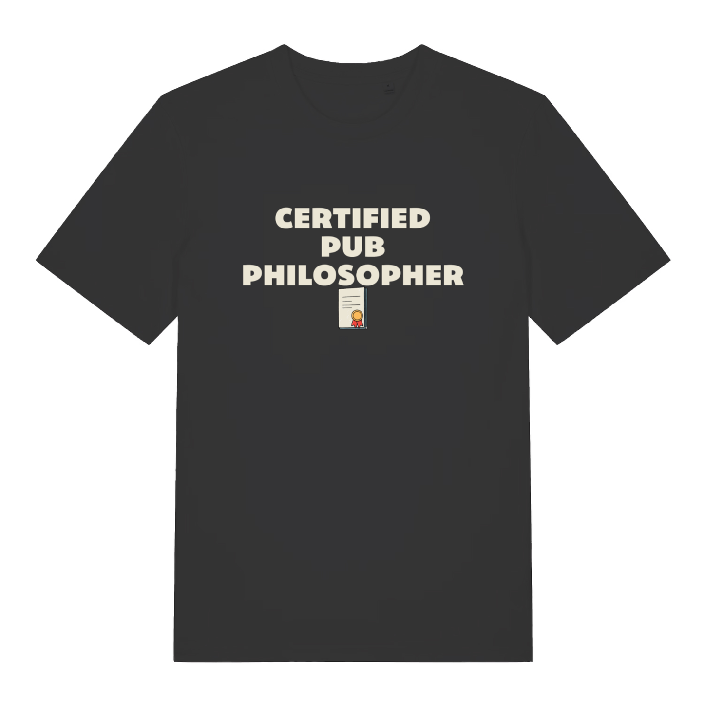 Black Certified Pub Philosopher funny slogan t-shirt with cheeky certificate design  