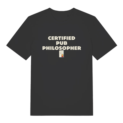 Black Certified Pub Philosopher funny slogan t-shirt with cheeky certificate design  
