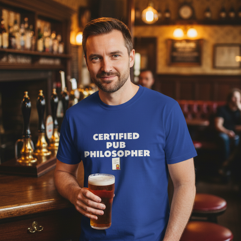 Man in a pub wearing a blue t-shirt with 'Certified Pub Philosopher' text, holding a beer.