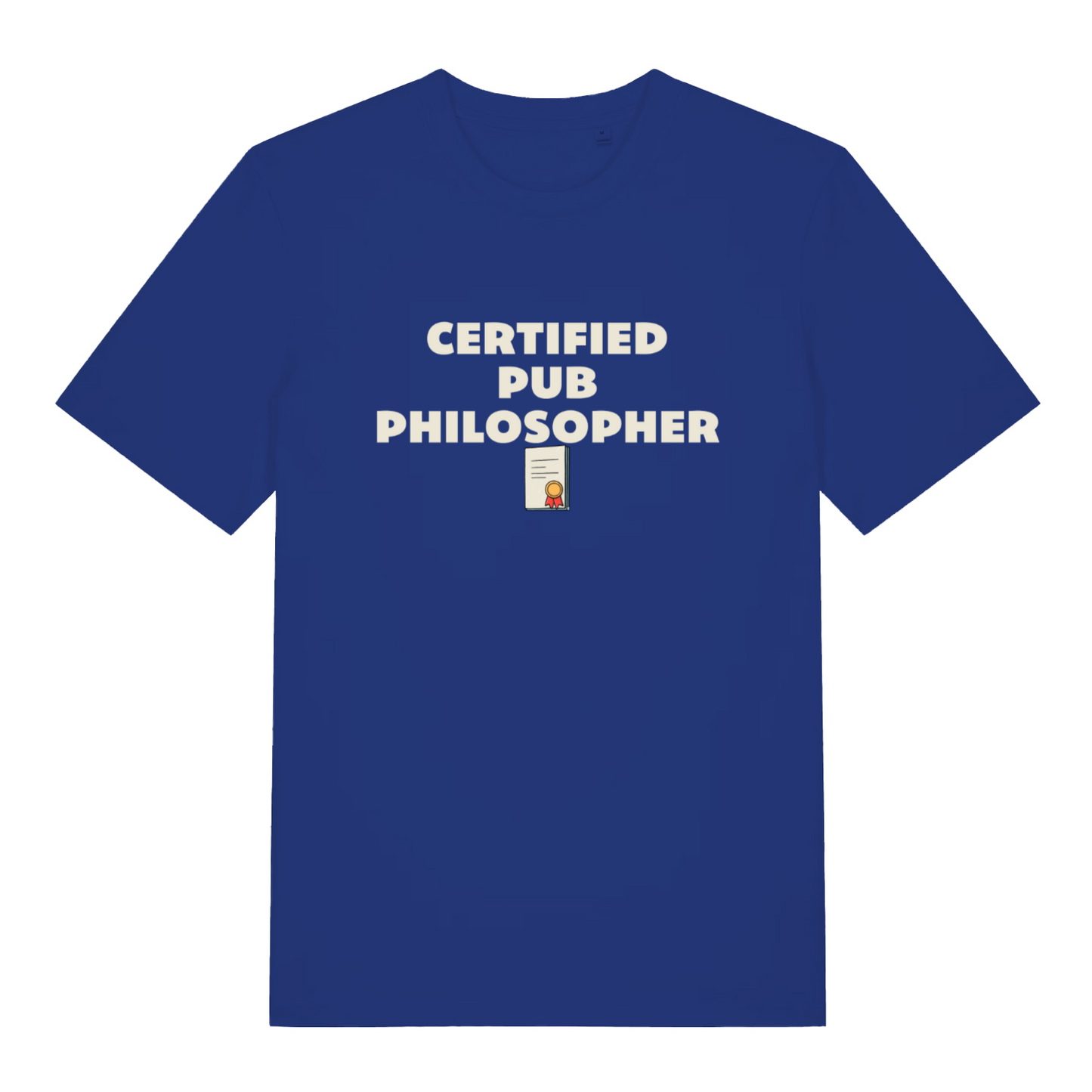 blue beer t-shirt with the slogan 'certified pub philosopher'