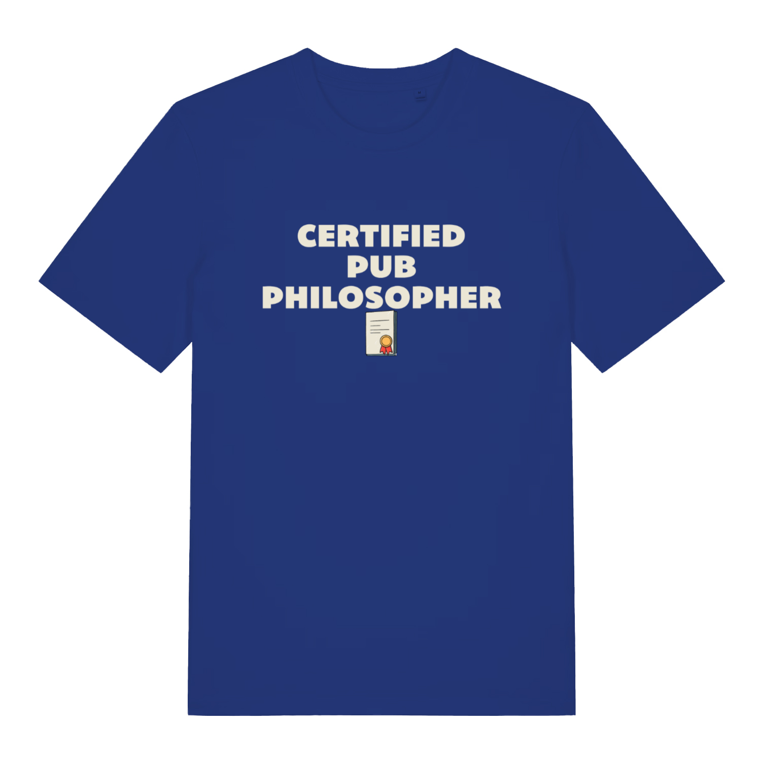 blue beer t-shirt with the slogan 'certified pub philosopher'