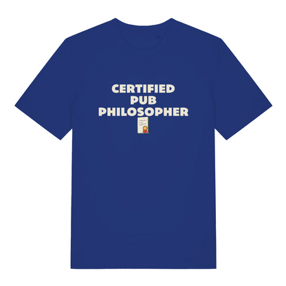 blue beer t-shirt with the slogan 'certified pub philosopher'
