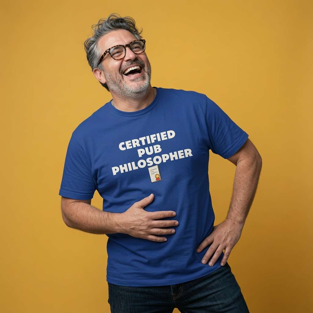 Man laughing with one hand on his stomach in a blue Certified Pub Philosopher t-shirt, humorous mens local pub banter slogan that every regular will claim