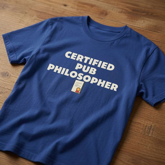 Blue Certified Pub Philosopher t-shirt laid flat on a wooden surface with bold white text and a small diploma graphic, mens humorous pub banter slogan design