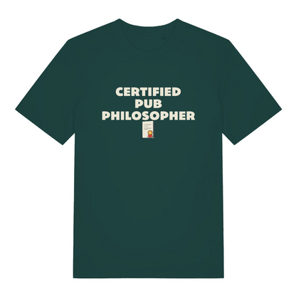 green beer t-shirt with the slogan 'certified pub philosopher'