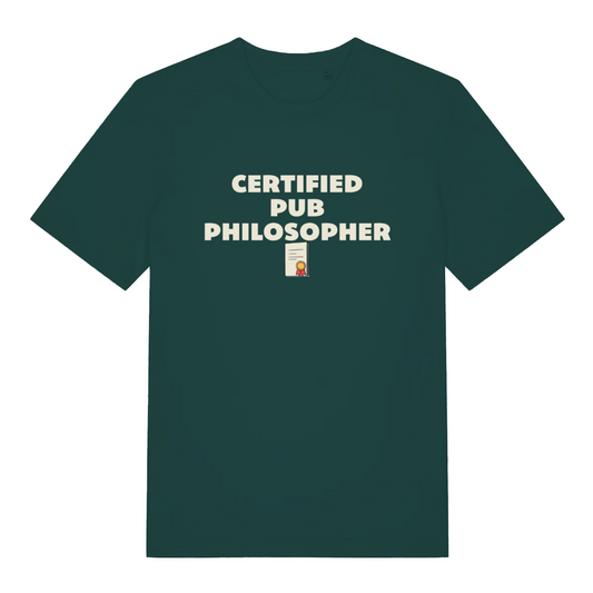 green beer t-shirt with the slogan 'certified pub philosopher'