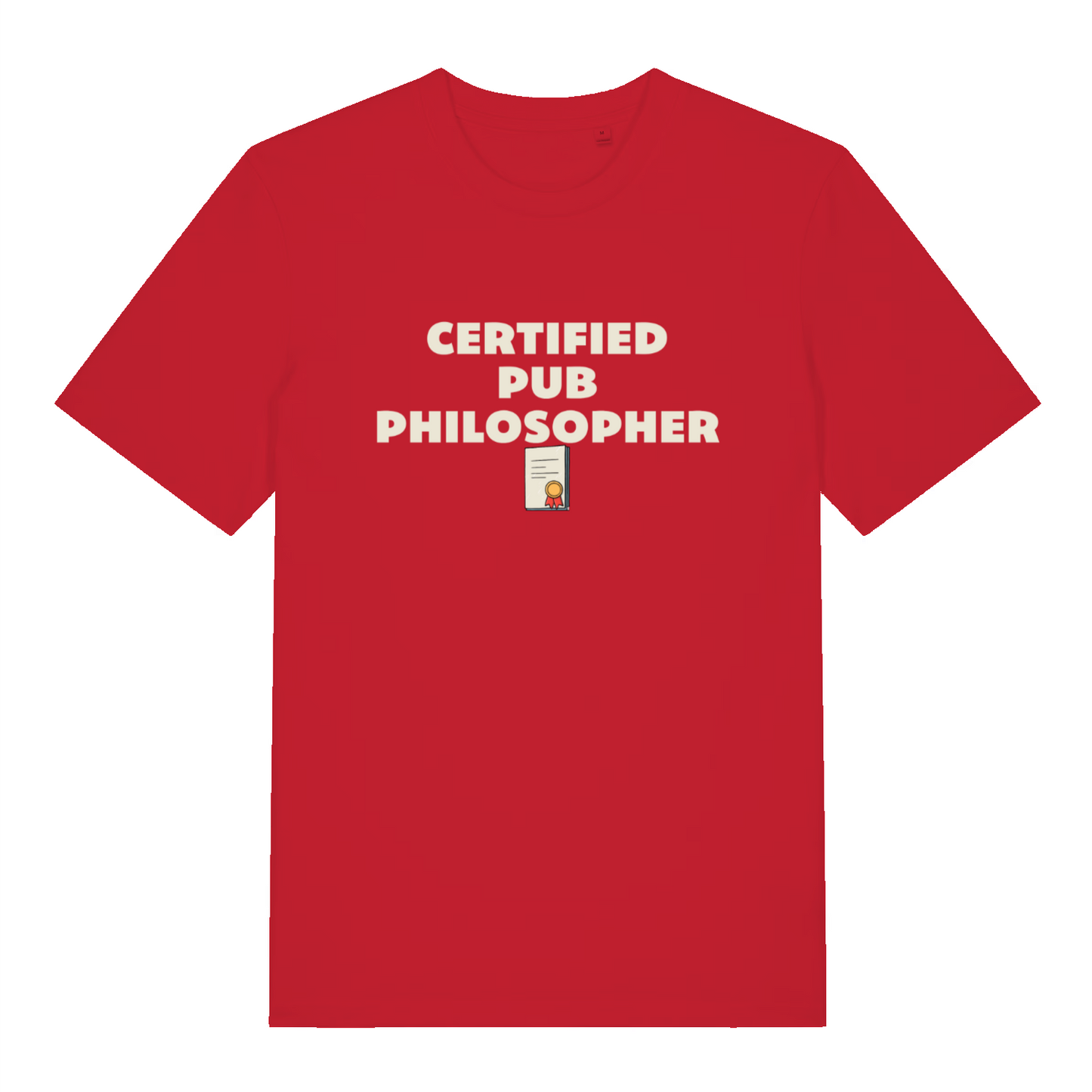 red beer t-shirt with the slogan 'certified pub philosopher'