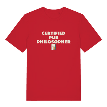 red beer t-shirt with the slogan 'certified pub philosopher'
