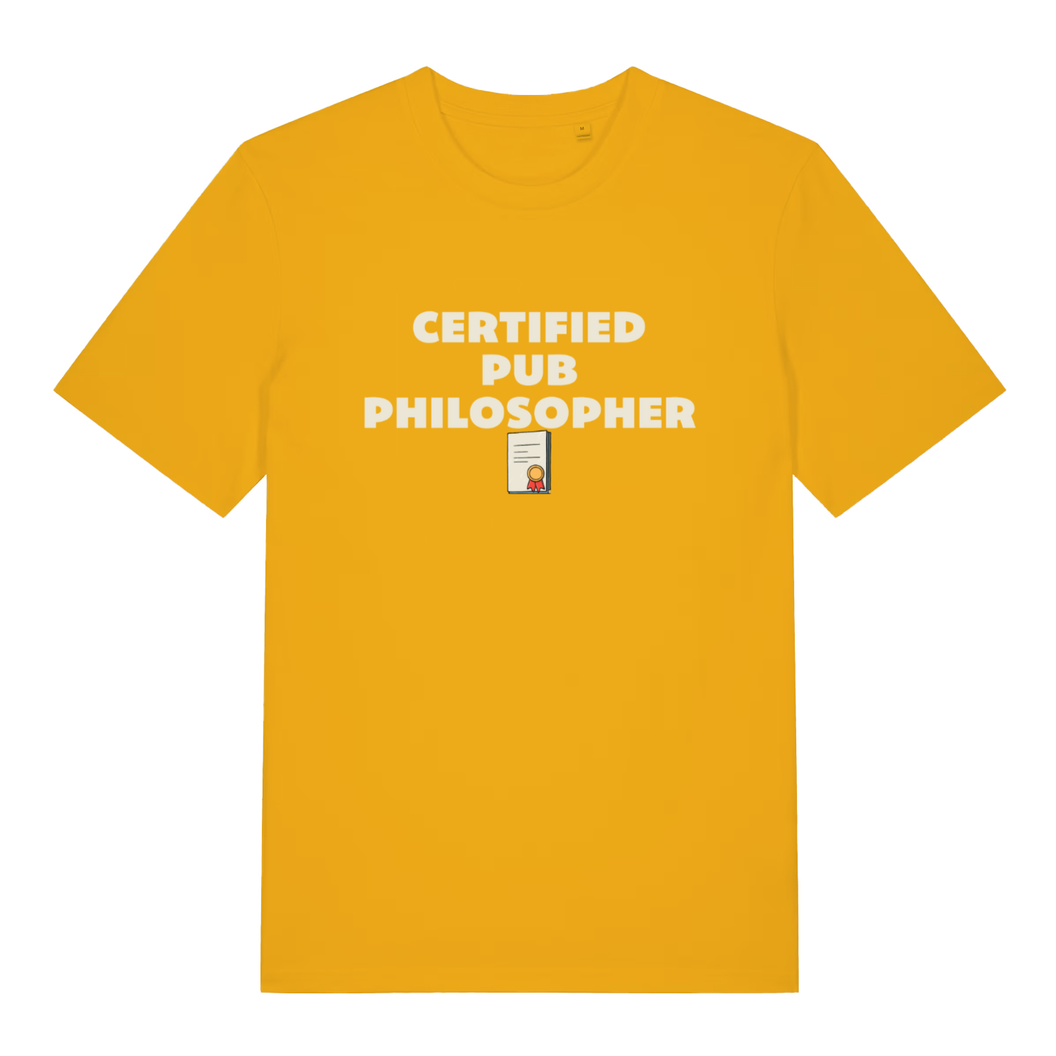 yellow beer t-shirt with the slogan 'certified pub philosopher'
