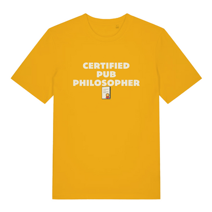 yellow beer t-shirt with the slogan 'certified pub philosopher'