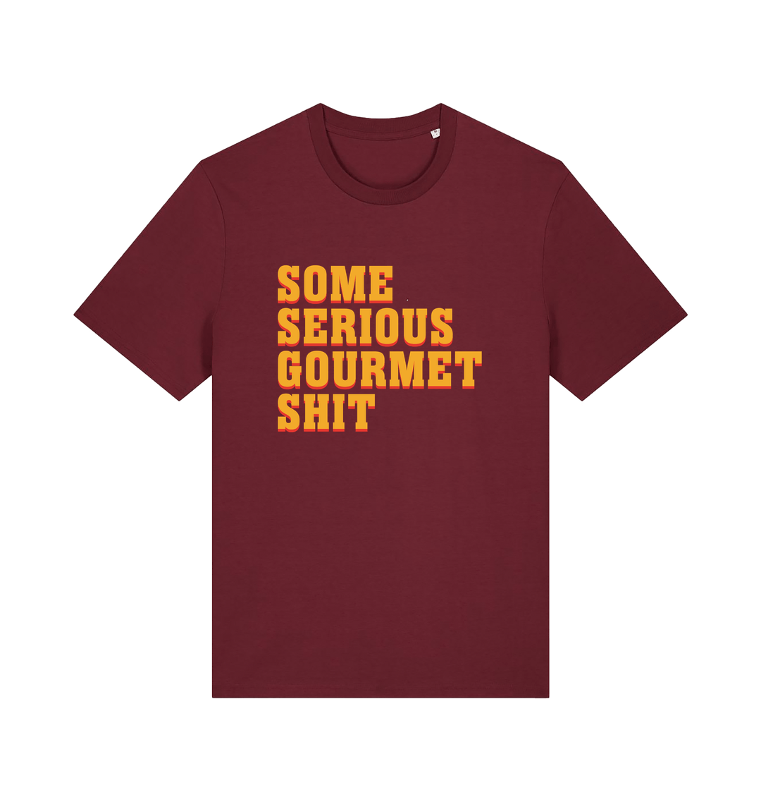 burgundy movie t-shirt with the slogan 'some serious gourmet shit'