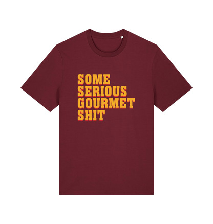 burgundy movie t-shirt with the slogan 'some serious gourmet shit'