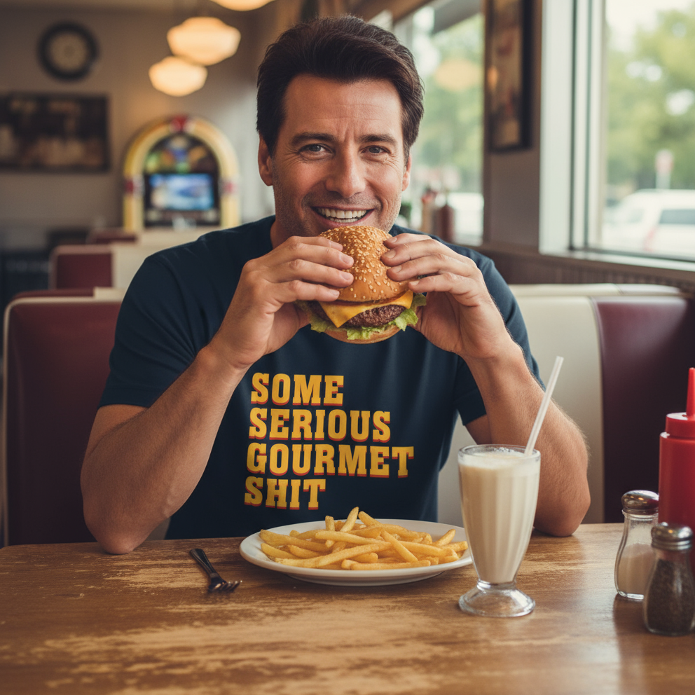 Man eating a burger with a plate of fries and a milkshake at a diner.
