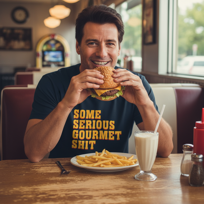Man eating a burger with a plate of fries and a milkshake at a diner.