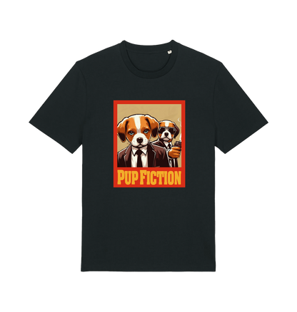 black movie t-shirt with the graphic of two dogs dressed in suits and the slogan 'pup fiction'