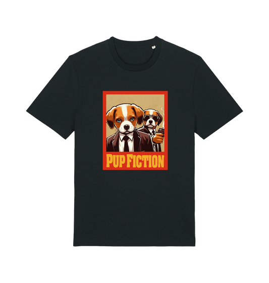 black movie t-shirt with the graphic of two dogs dressed in suits and the slogan 'pup fiction'