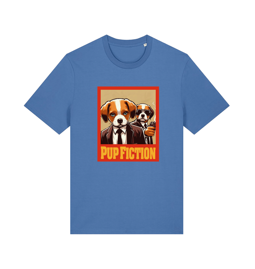 blue movie t-shirt with the graphic of two dogs dressed in suits and the slogan 'pup fiction'