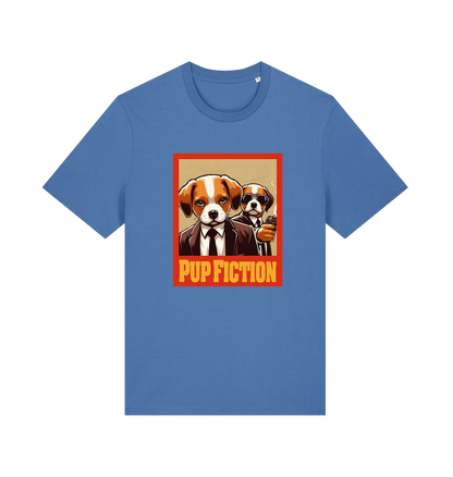 blue movie t-shirt with the graphic of two dogs dressed in suits and the slogan 'pup fiction'