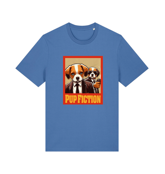 blue movie t-shirt with the graphic of two dogs dressed in suits and the slogan 'pup fiction'