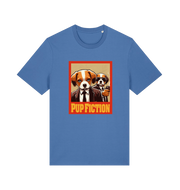 blue movie t-shirt with the graphic of two dogs dressed in suits and the slogan 'pup fiction'