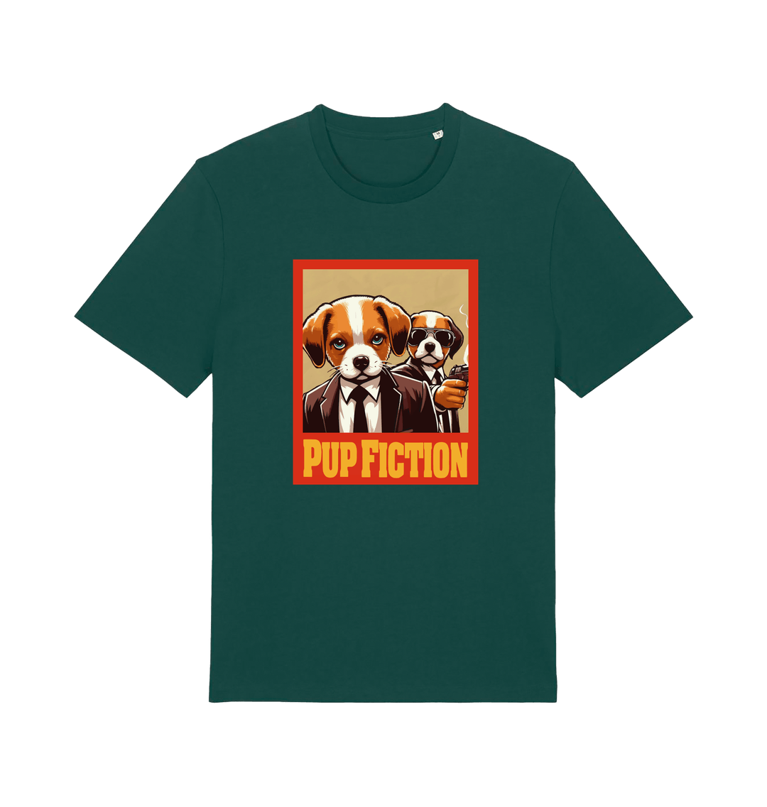 green movie t-shirt with the graphic of two dogs dressed in suits and the slogan 'pup fiction'