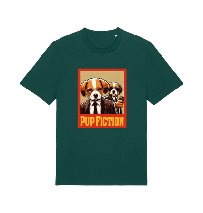 green movie t-shirt with the graphic of two dogs dressed in suits and the slogan 'pup fiction'