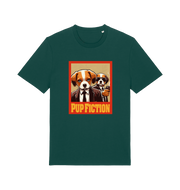 green movie t-shirt with the graphic of two dogs dressed in suits and the slogan 'pup fiction'