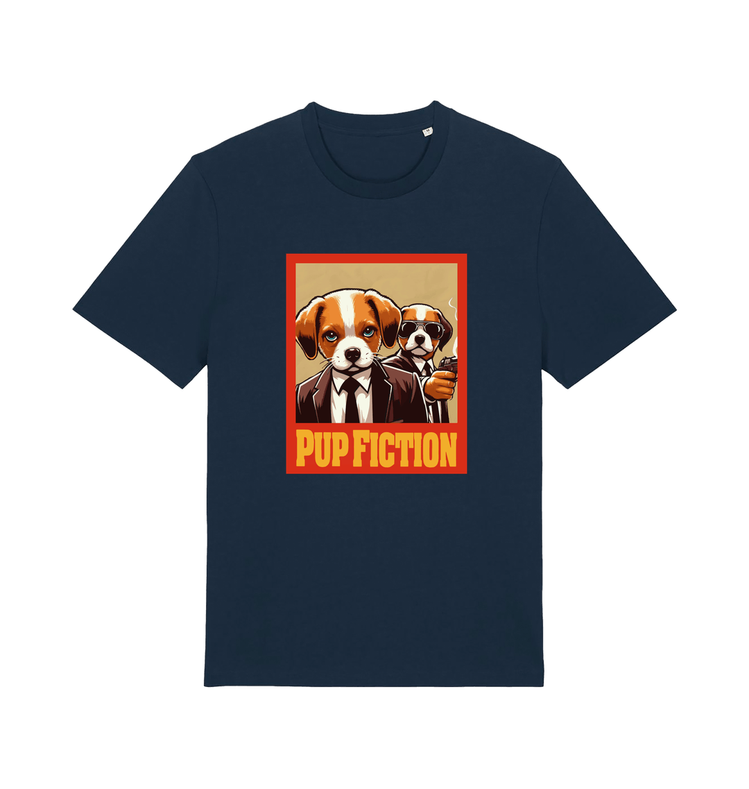 navy movie t-shirt with the graphic of two dogs dressed in suits and the slogan 'pup fiction'