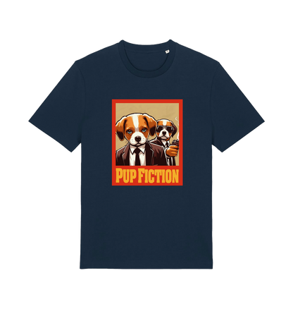 navy movie t-shirt with the graphic of two dogs dressed in suits and the slogan 'pup fiction'