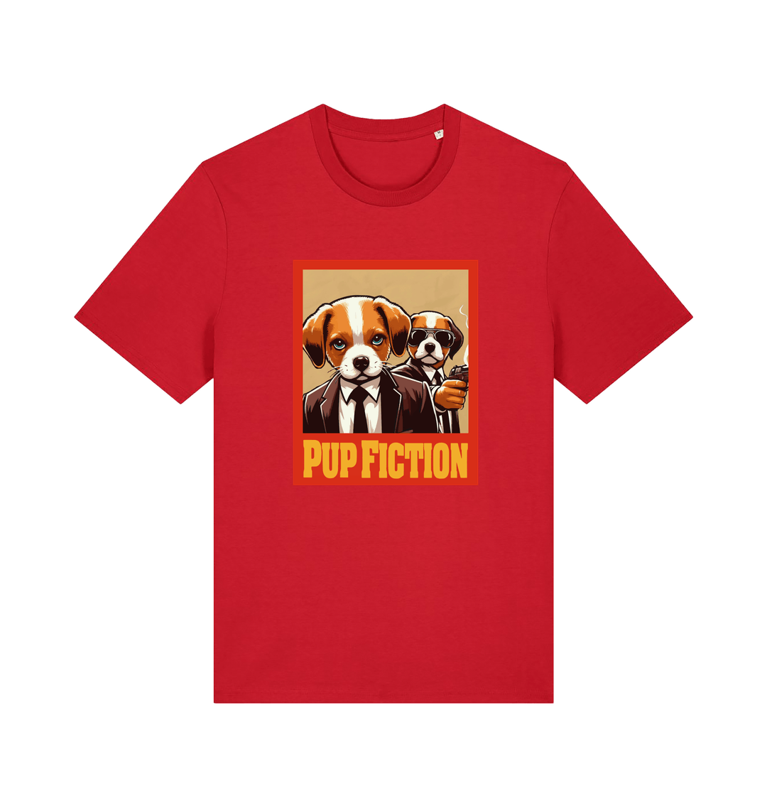 red movie t-shirt with the graphic of two dogs dressed in suits and the slogan 'pup fiction'