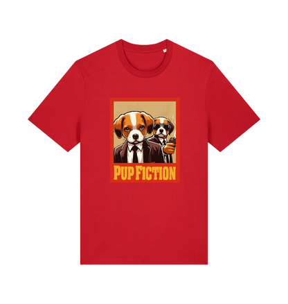 red movie t-shirt with the graphic of two dogs dressed in suits and the slogan 'pup fiction'