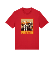 red movie t-shirt with the graphic of two dogs dressed in suits and the slogan 'pup fiction'