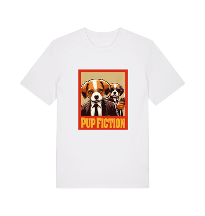 white movie t-shirt with the graphic of two dogs dressed in suits and the slogan 'pup fiction'