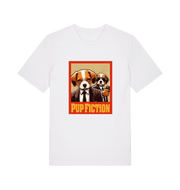 white movie t-shirt with the graphic of two dogs dressed in suits and the slogan 'pup fiction'