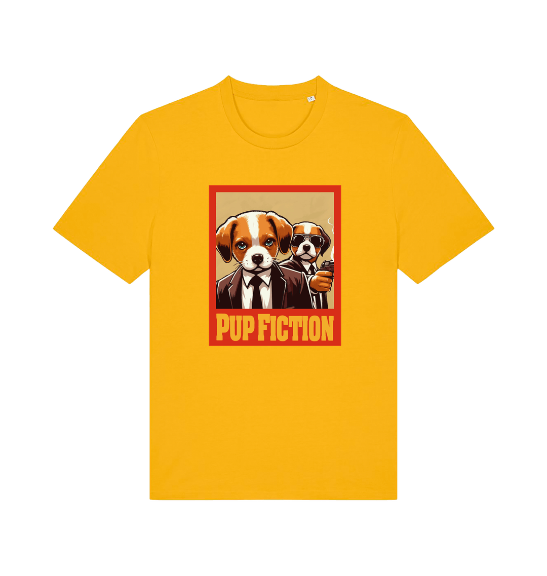 yellow movie t-shirt with the graphic of two dogs dressed in suits and the slogan 'pup fiction'