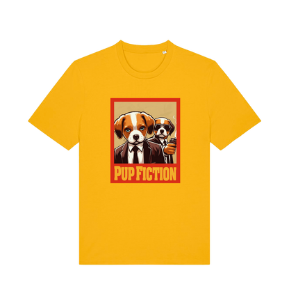 yellow movie t-shirt with the graphic of two dogs dressed in suits and the slogan 'pup fiction'