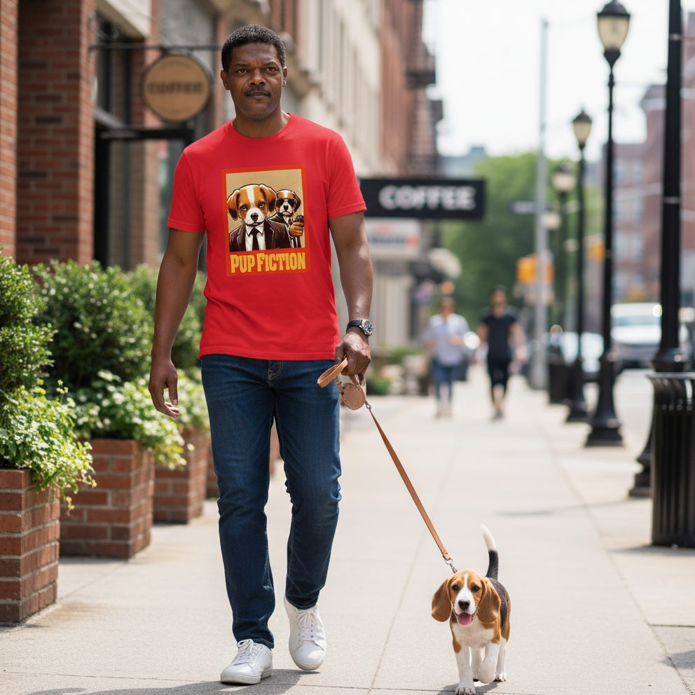 Man walking a dog on a leash in an urban setting wearing a red t-shirt with a graphic design.