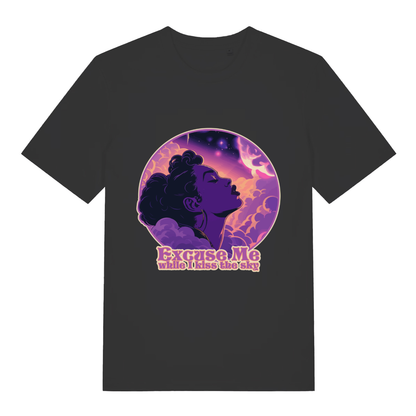 Black Excuse Me While I Kiss The Sky funny graphic t-shirt with cosmic purple haze design  
