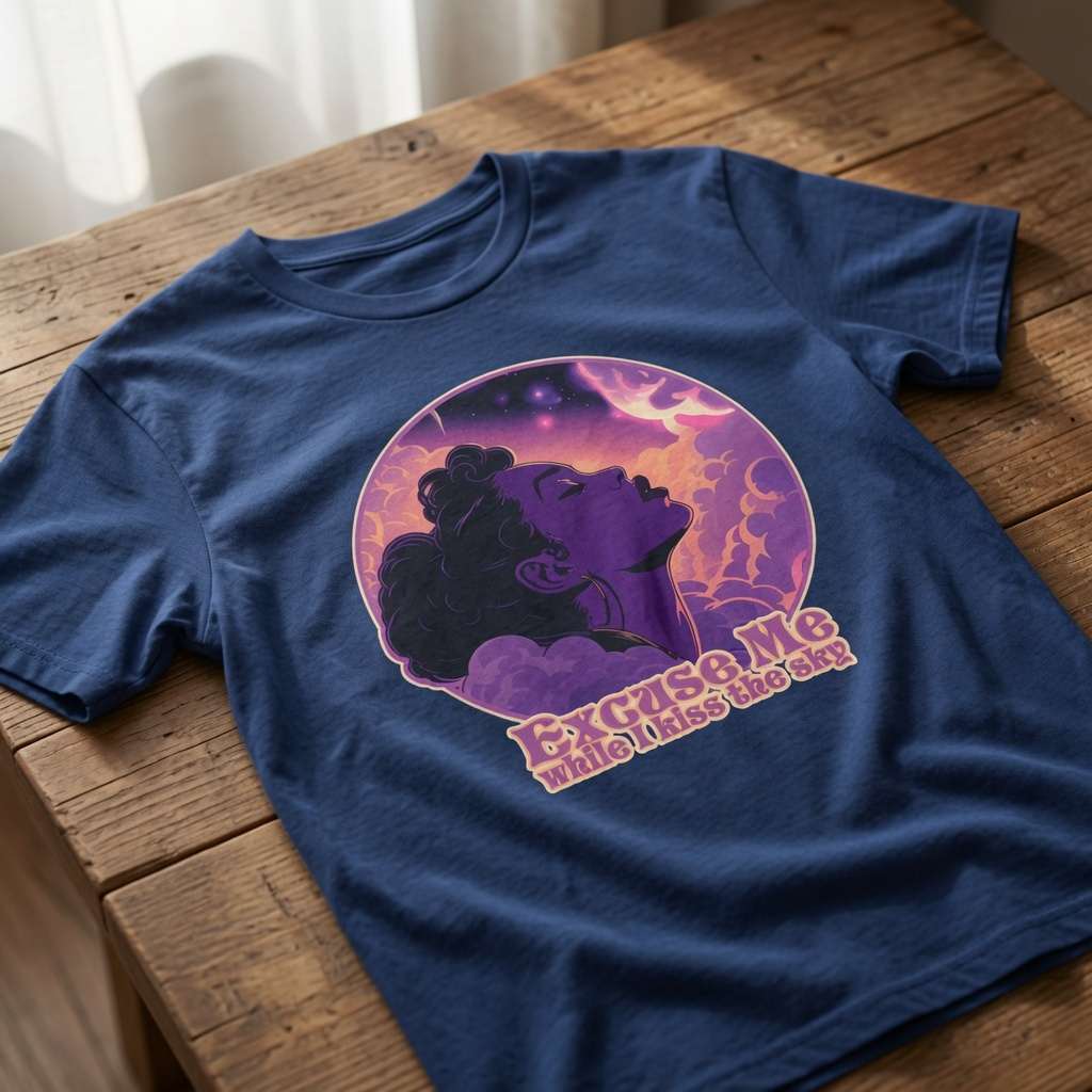 Blue Excuse Me While I Kiss the Sky t-shirt laid flat on a wooden surface showing the full purple cosmic graphic, funny mens music-inspired design that every Hendrix fan will claim