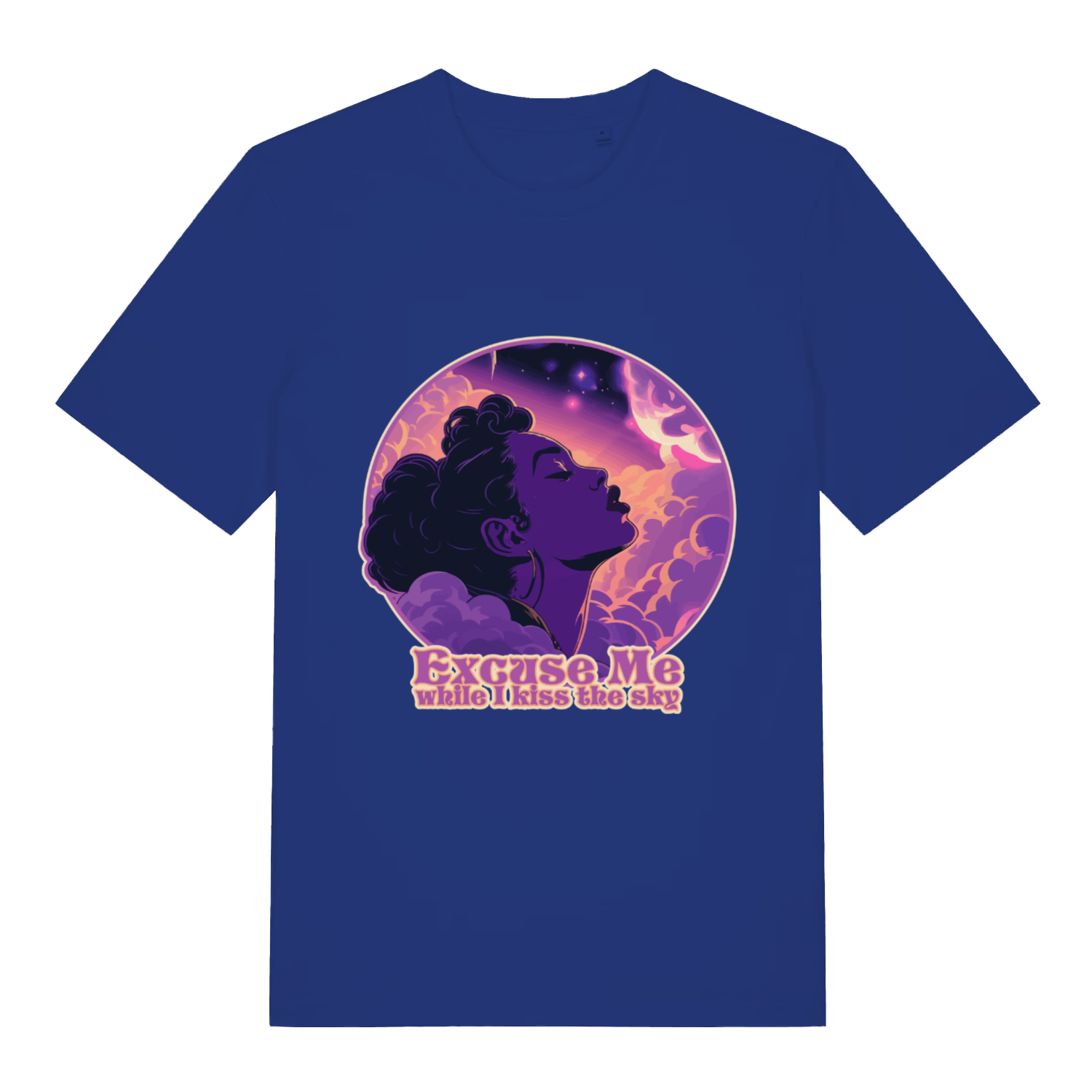 Blue Excuse Me While I Kiss The Sky funny graphic t-shirt featuring dreamy music-inspired artwork  
