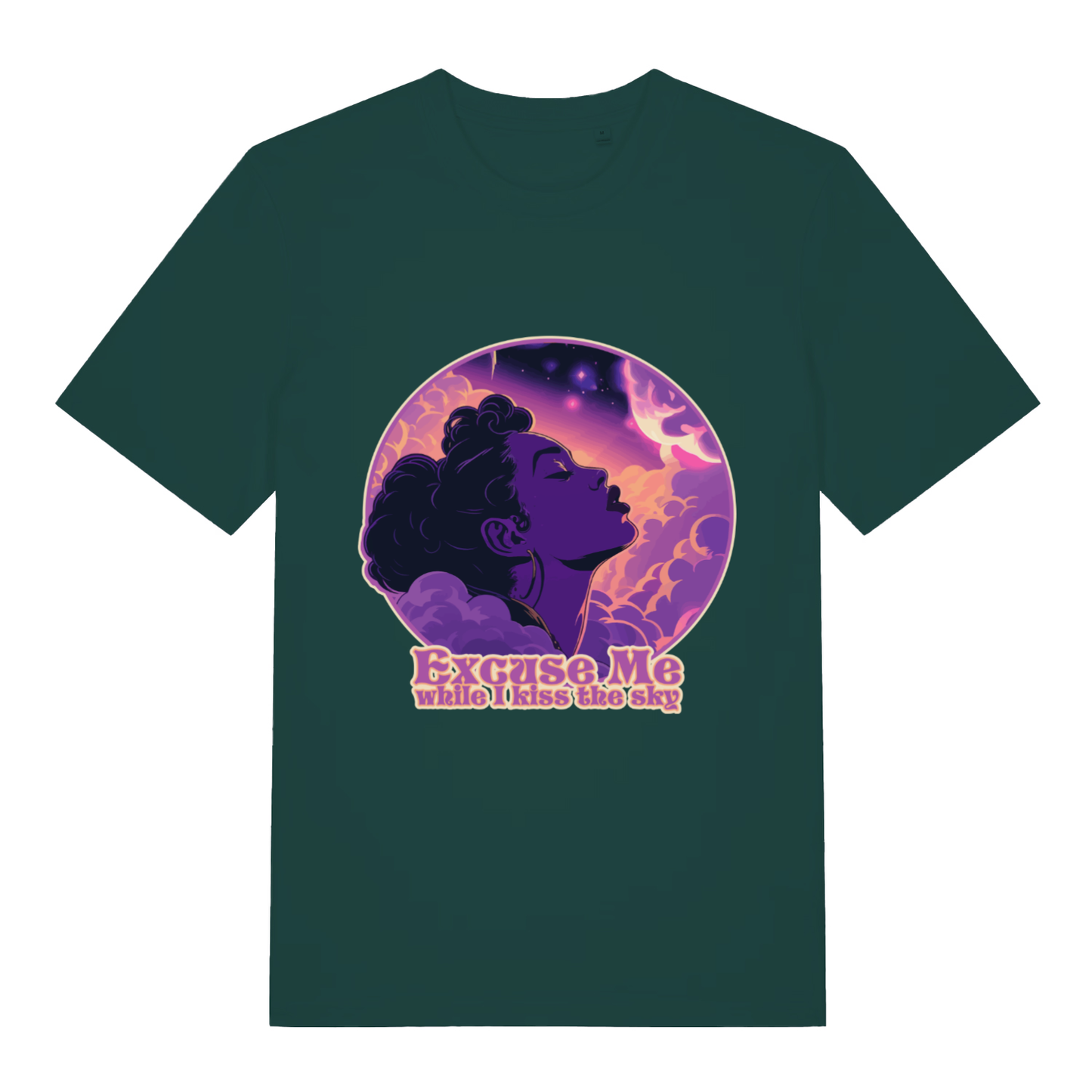 Green Excuse Me While I Kiss The Sky funny graphic t-shirt with psychedelic sky kiss illustration  