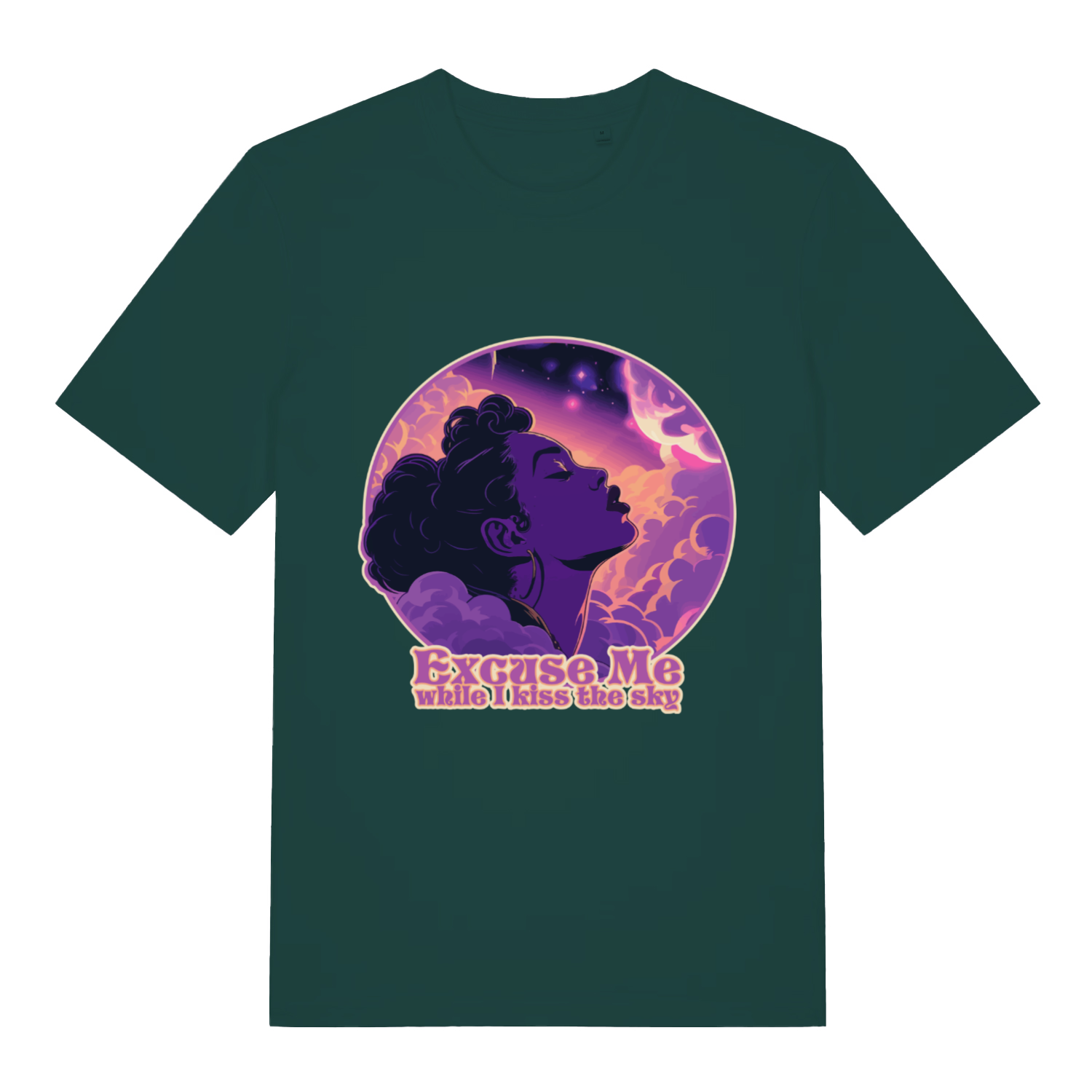 Green Excuse Me While I Kiss The Sky funny graphic t-shirt with psychedelic sky kiss illustration  