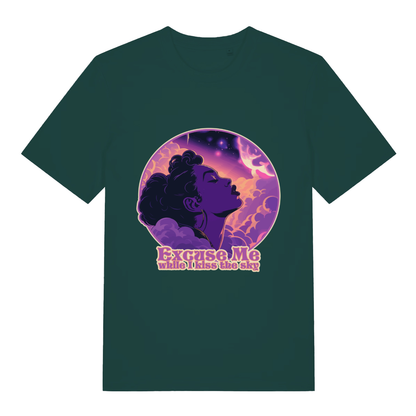 Green Excuse Me While I Kiss The Sky funny graphic t-shirt with psychedelic sky kiss illustration  